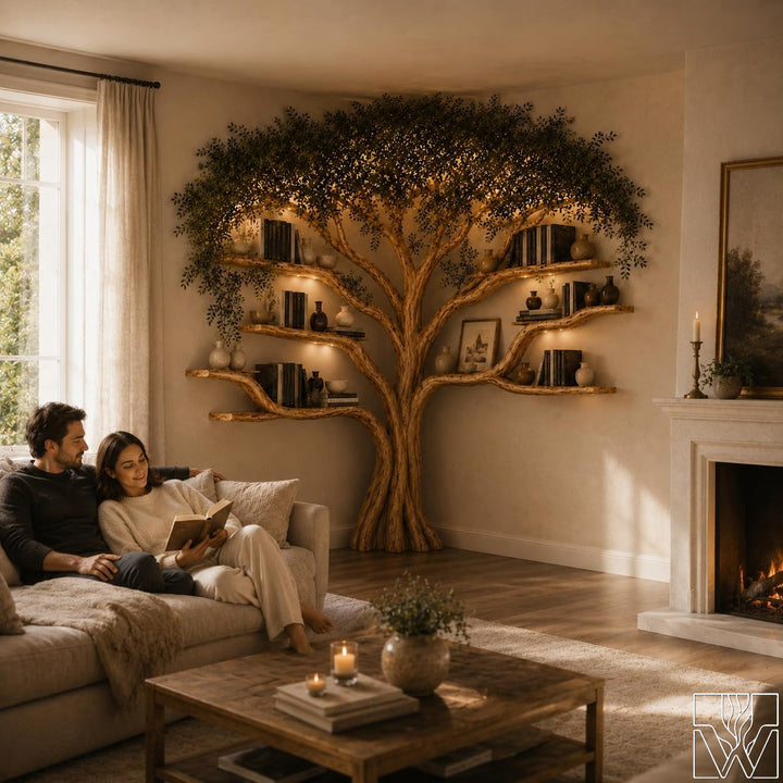 Handcrafted Natural Wood Corner Tree Bookshelf Crimson