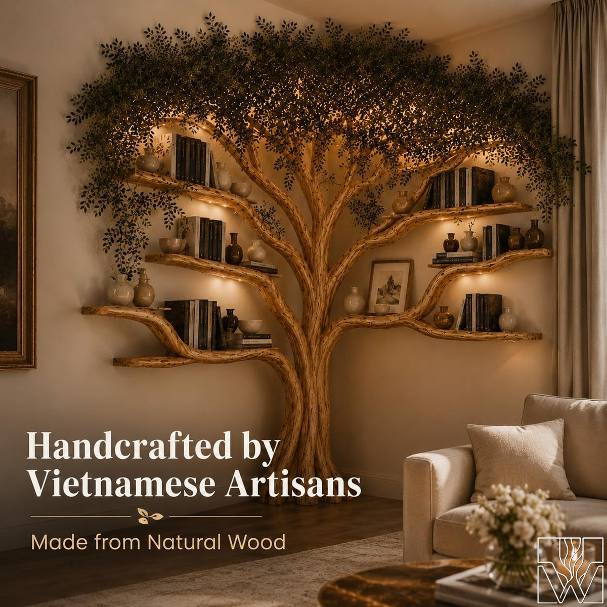 Handcrafted Natural Wood Corner Tree Bookshelf Crimson