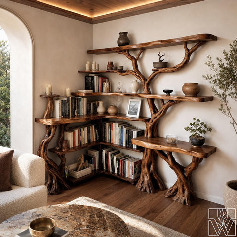 Handcrafted Natural Wood Corner Tree Bookshelf