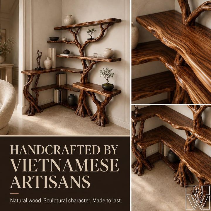 Handcrafted Natural Wood Corner Tree Bookshelf