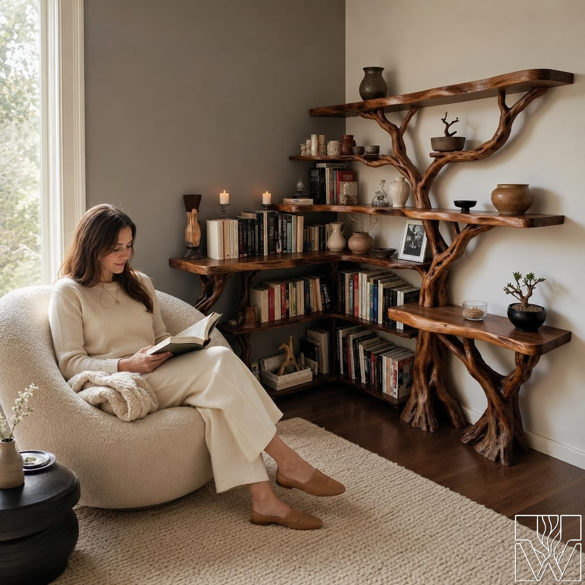 Handcrafted Natural Wood Corner Tree Bookshelf