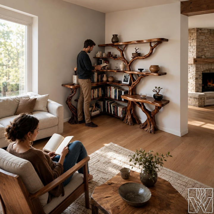 Handcrafted Natural Wood Corner Tree Bookshelf