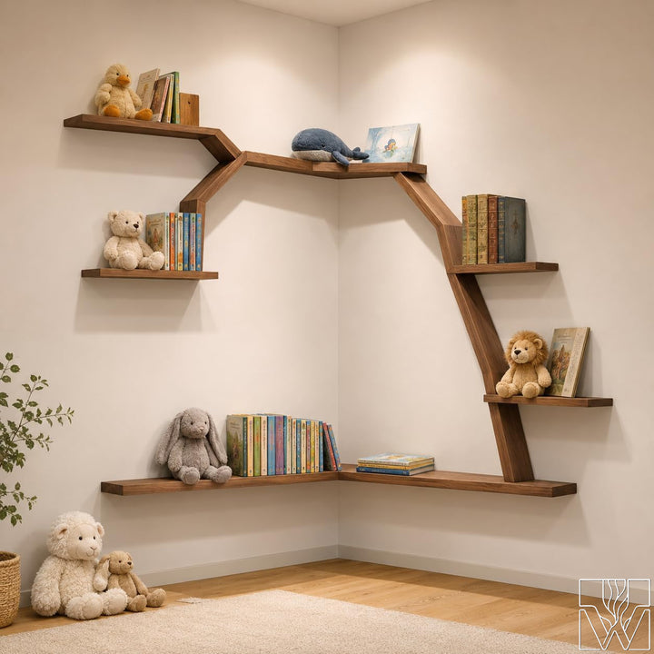 Large Handcrafted Tree Branch Corner Bookshelf for Nursery