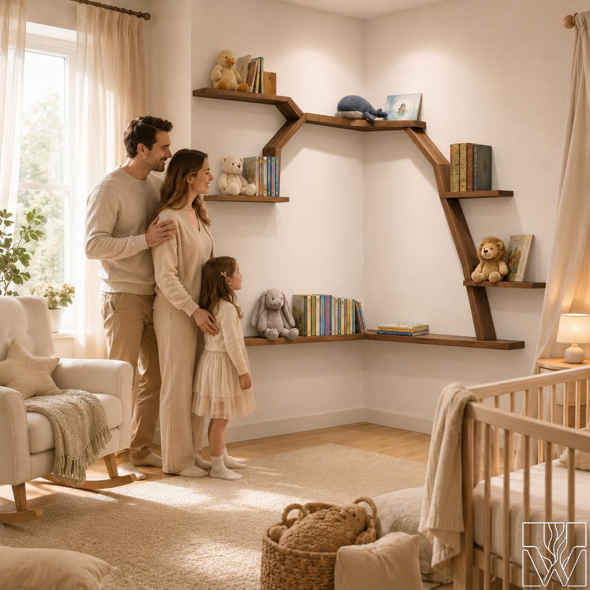 Large Handcrafted Tree Branch Corner Bookshelf for Nursery