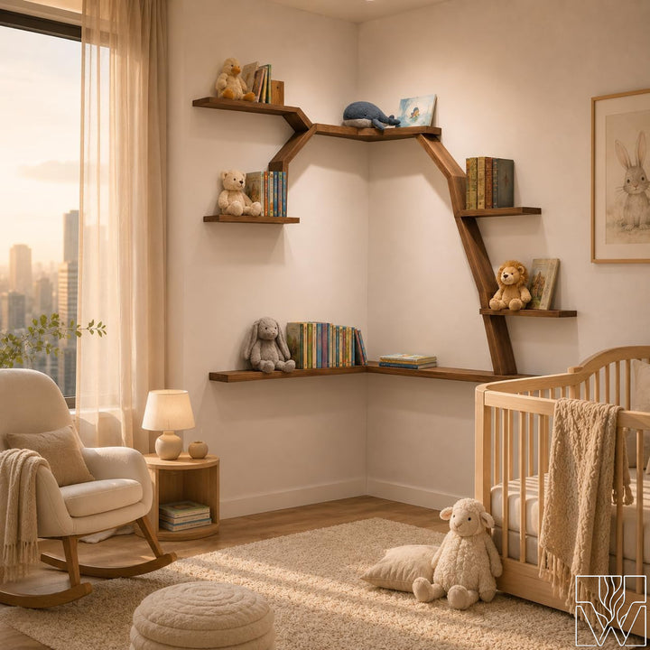 Large Handcrafted Tree Branch Corner Bookshelf for Nursery