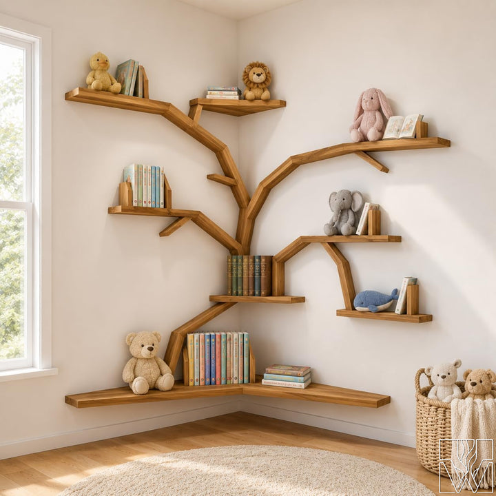 Large Handcrafted Tree Branch Corner Bookshelf for Nursery