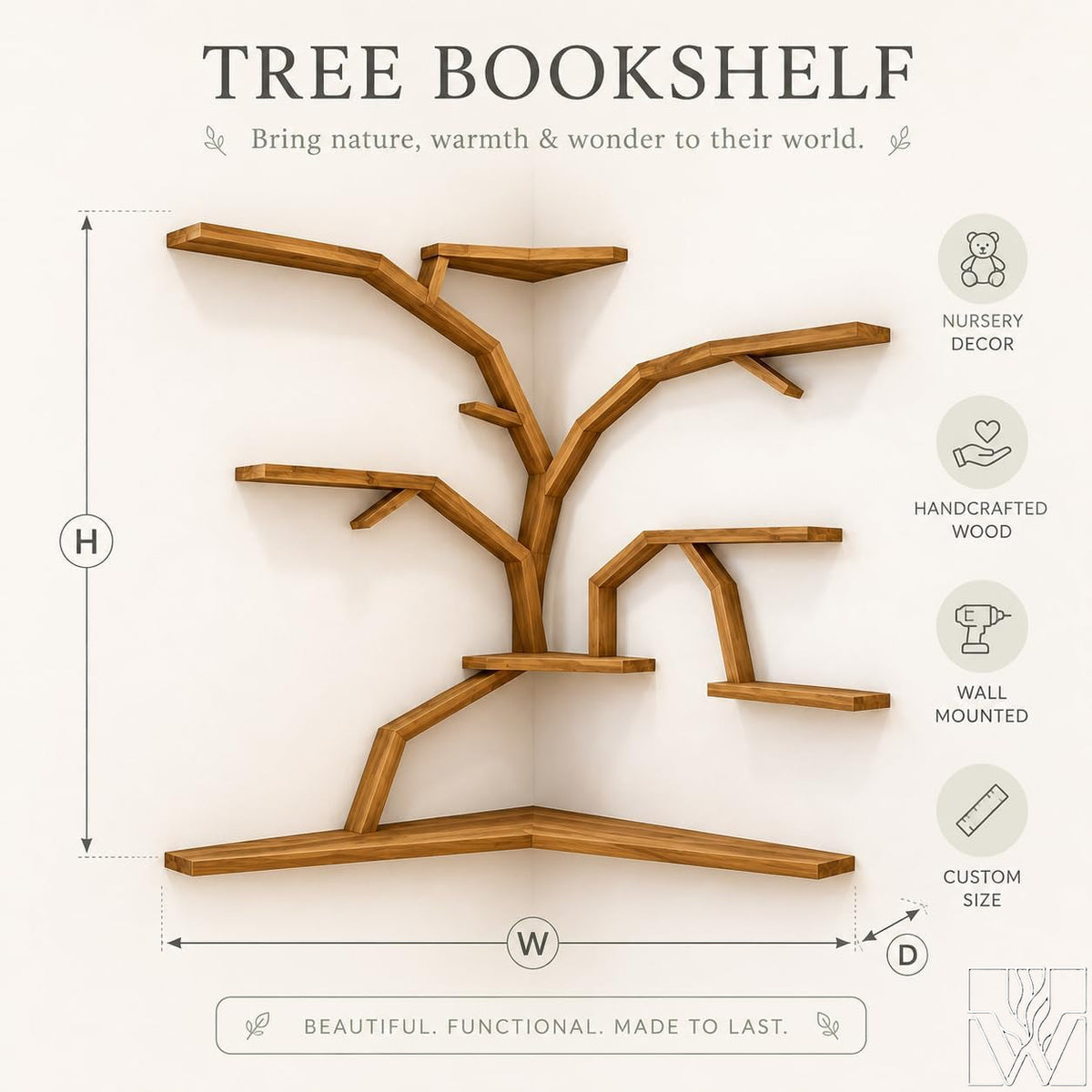 Large Handcrafted Tree Branch Corner Bookshelf for Nursery