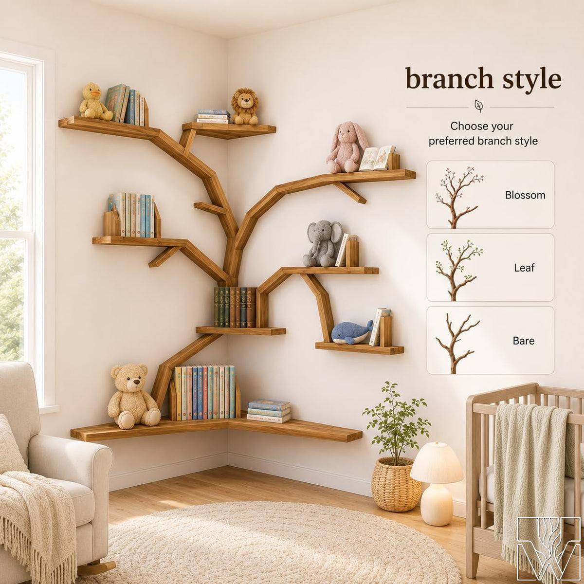 Large Handcrafted Tree Branch Corner Bookshelf for Nursery