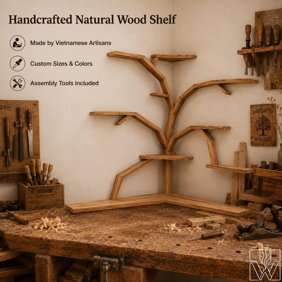 Large Handcrafted Tree Branch Corner Bookshelf for Nursery
