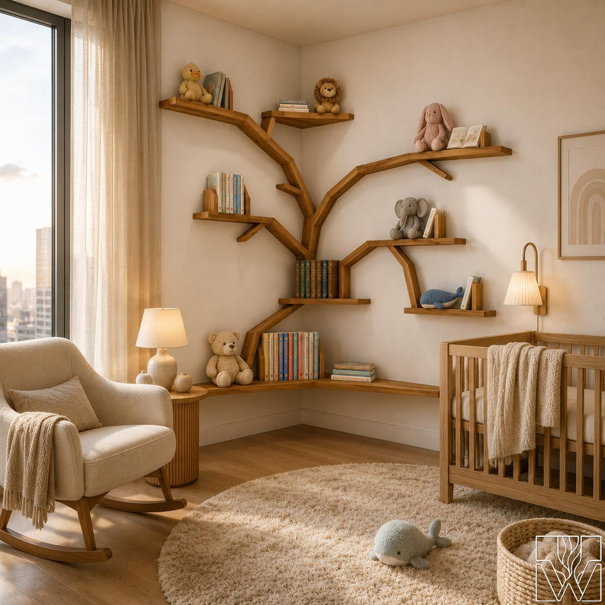 Large Handcrafted Tree Branch Corner Bookshelf for Nursery