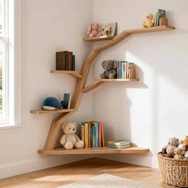 Large Handcrafted Tree Branch Corner Bookshelf for Nursery