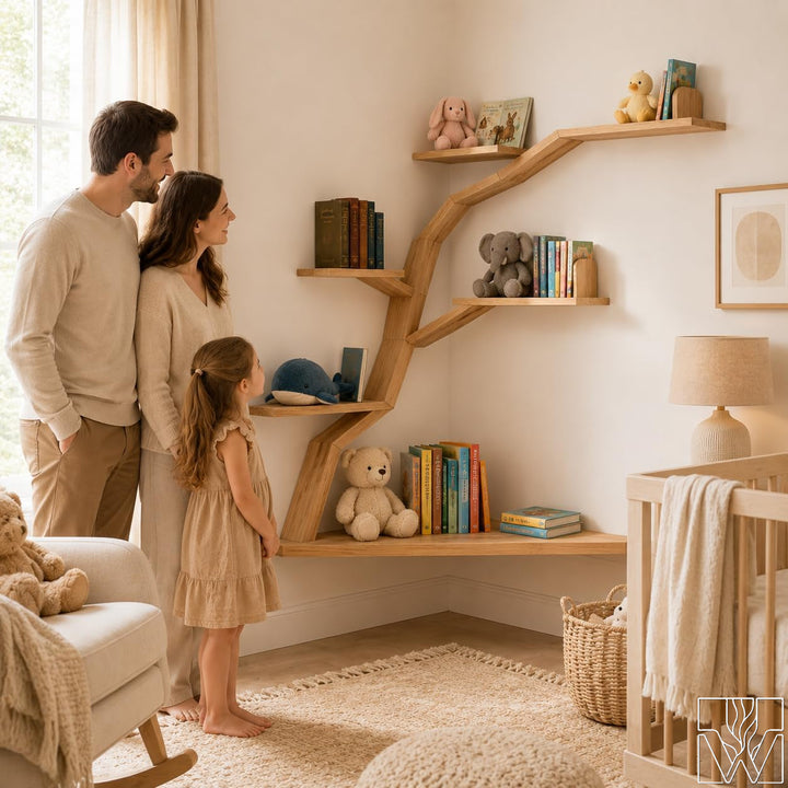 Large Handcrafted Tree Branch Corner Bookshelf for Nursery