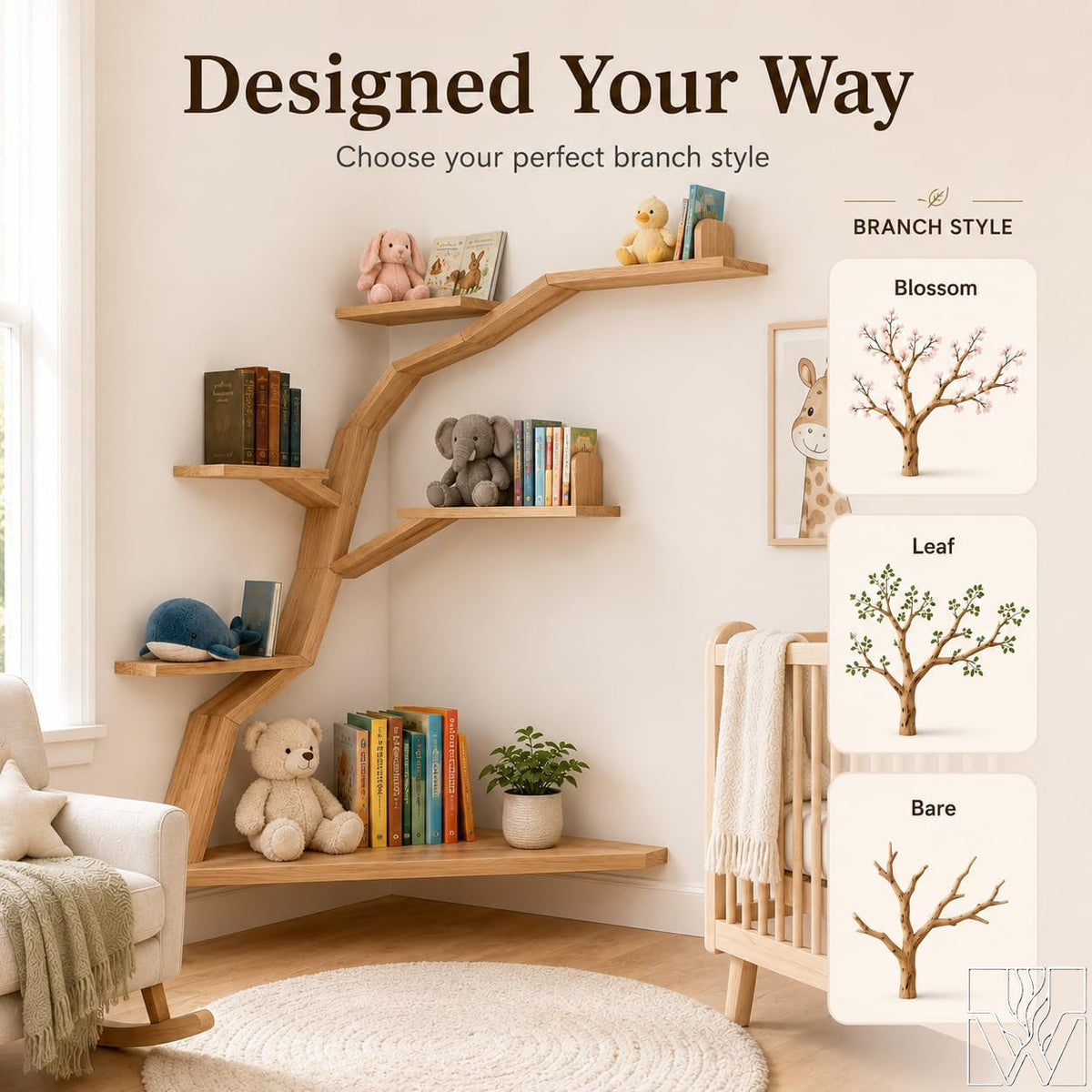 Large Handcrafted Tree Branch Corner Bookshelf for Nursery