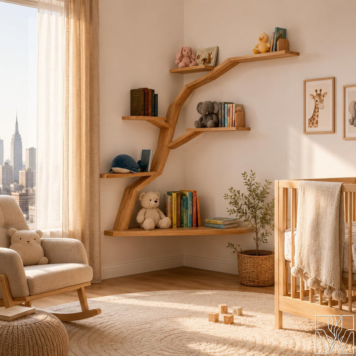 Large Handcrafted Tree Branch Corner Bookshelf for Nursery