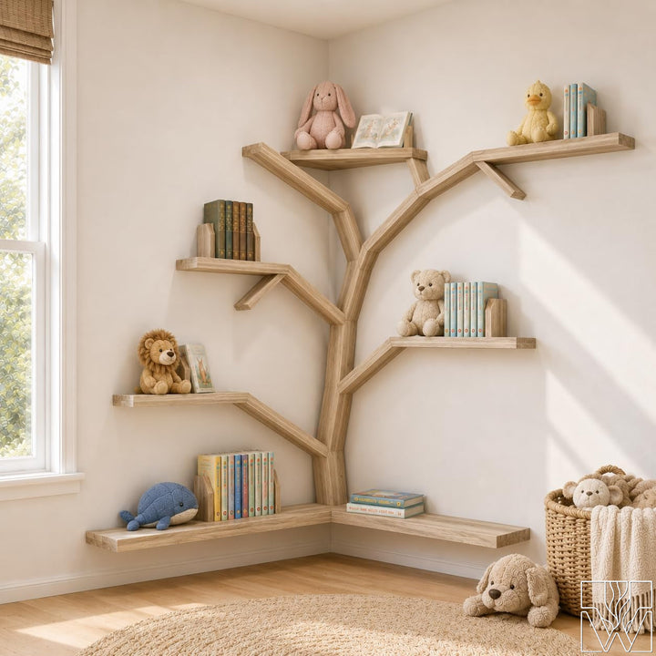 Large Handcrafted Tree Branch Corner Bookshelf for Nursery