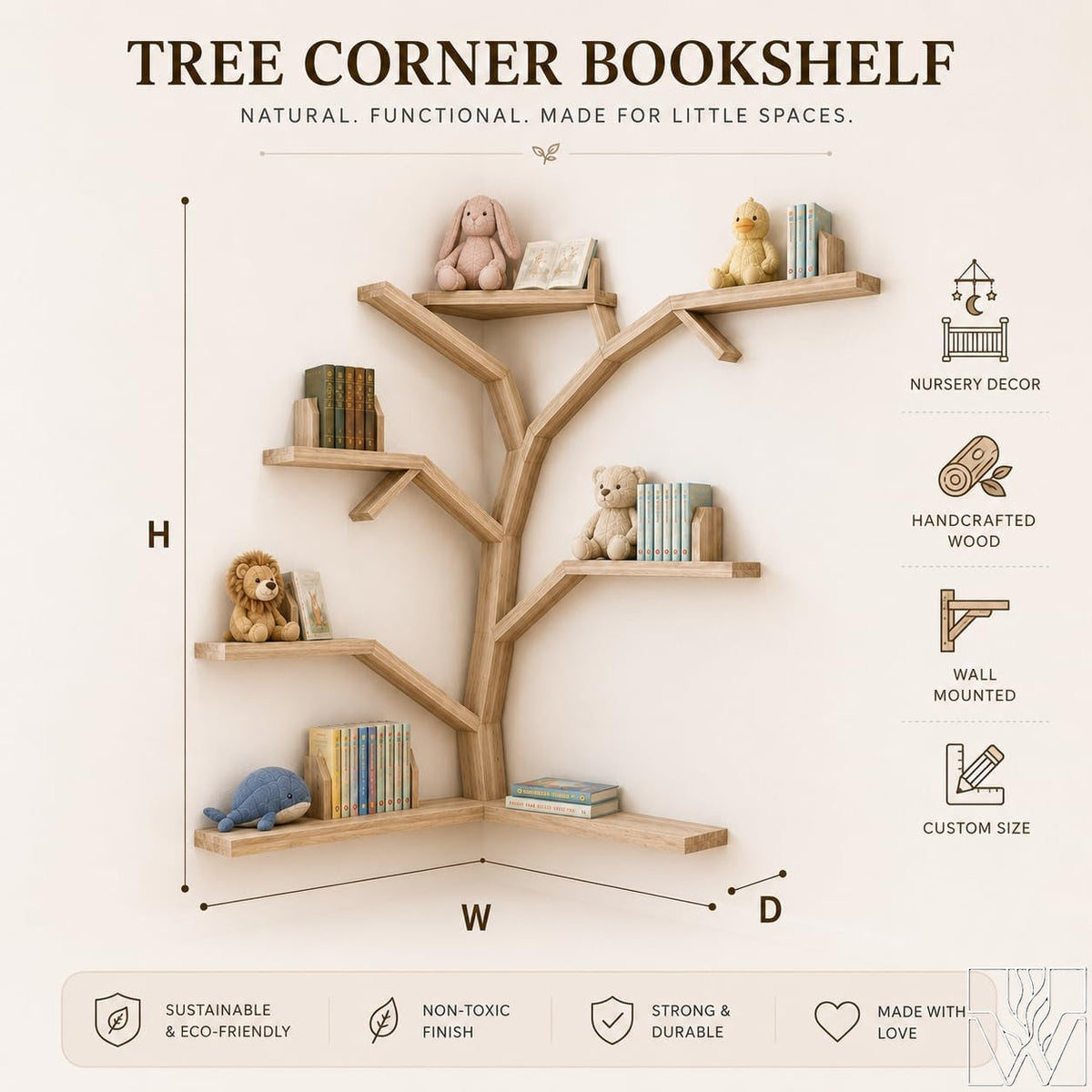 Large Handcrafted Tree Branch Corner Bookshelf for Nursery