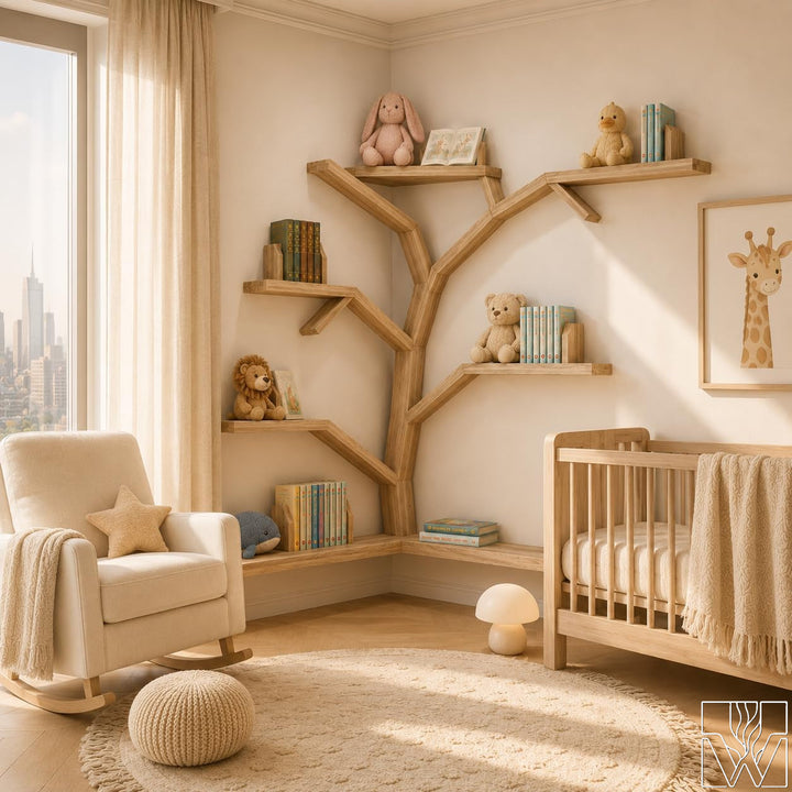 Large Handcrafted Tree Branch Corner Bookshelf for Nursery