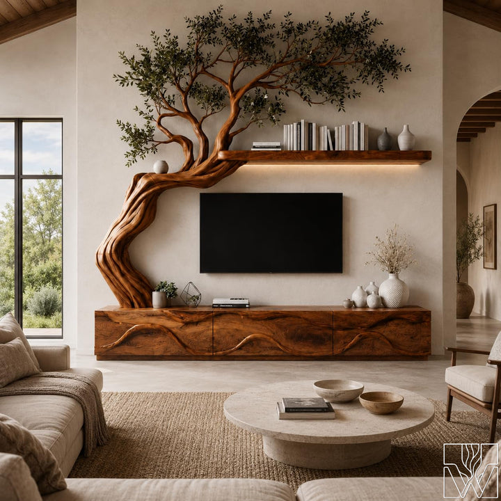 Rustic Natural Solid Wood Tree Branch TV Stand for Living Room