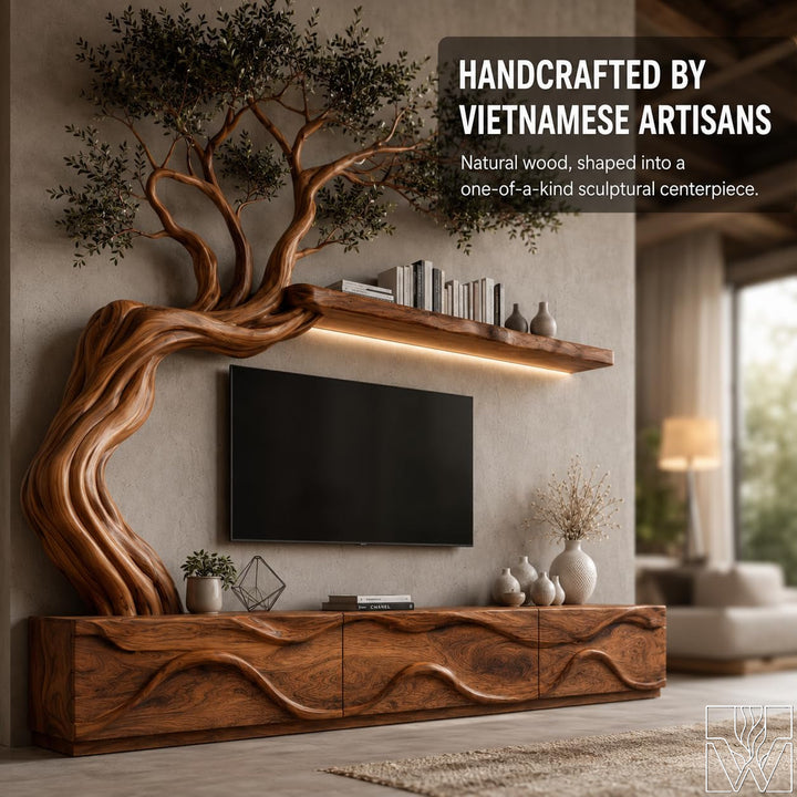 Rustic Natural Solid Wood Tree Branch TV Stand for Living Room