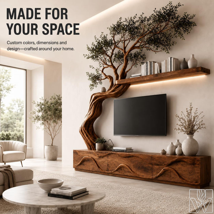 Rustic Natural Solid Wood Tree Branch TV Stand for Living Room