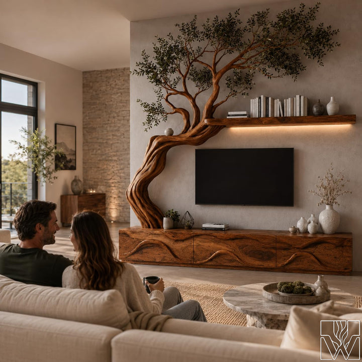 Rustic Natural Solid Wood Tree Branch TV Stand for Living Room