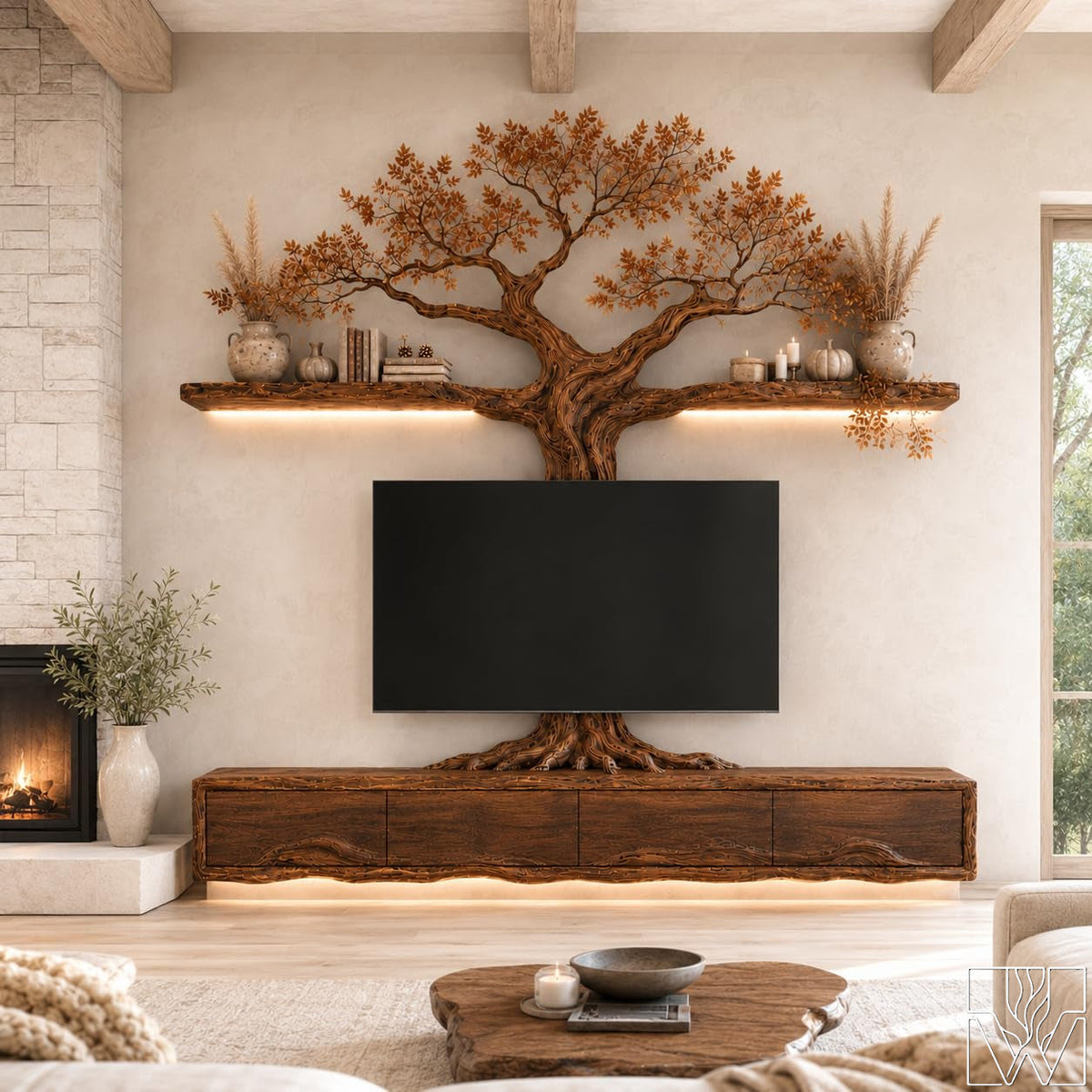 Natural Solid Wood Tree Branch Floating TV Stand for Living Room