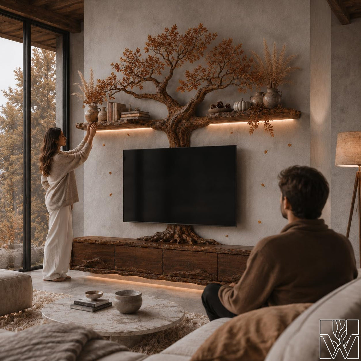 Natural Solid Wood Tree Branch Floating TV Stand for Living Room