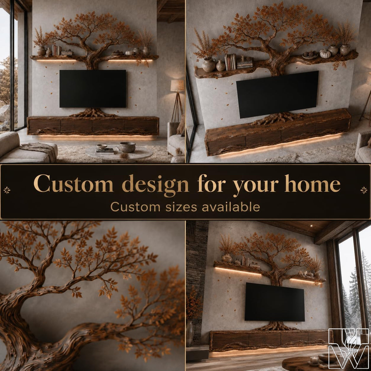Natural Solid Wood Tree Branch Floating TV Stand for Living Room