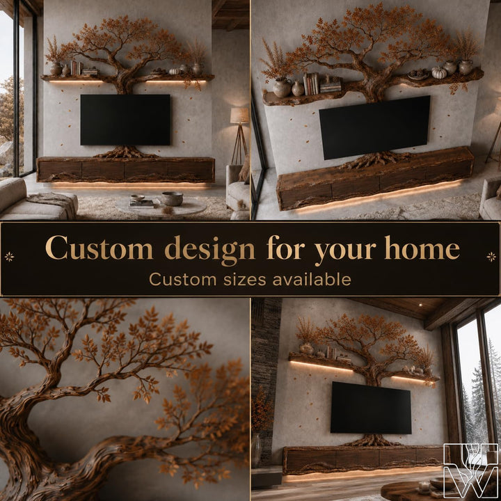 Natural Solid Wood Tree Branch Floating TV Stand for Living Room