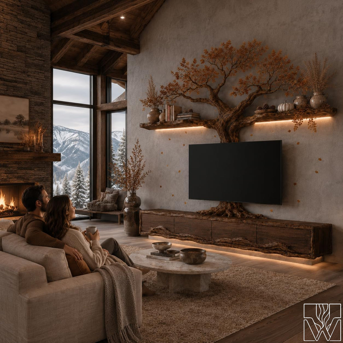 Natural Solid Wood Tree Branch Floating TV Stand for Living Room