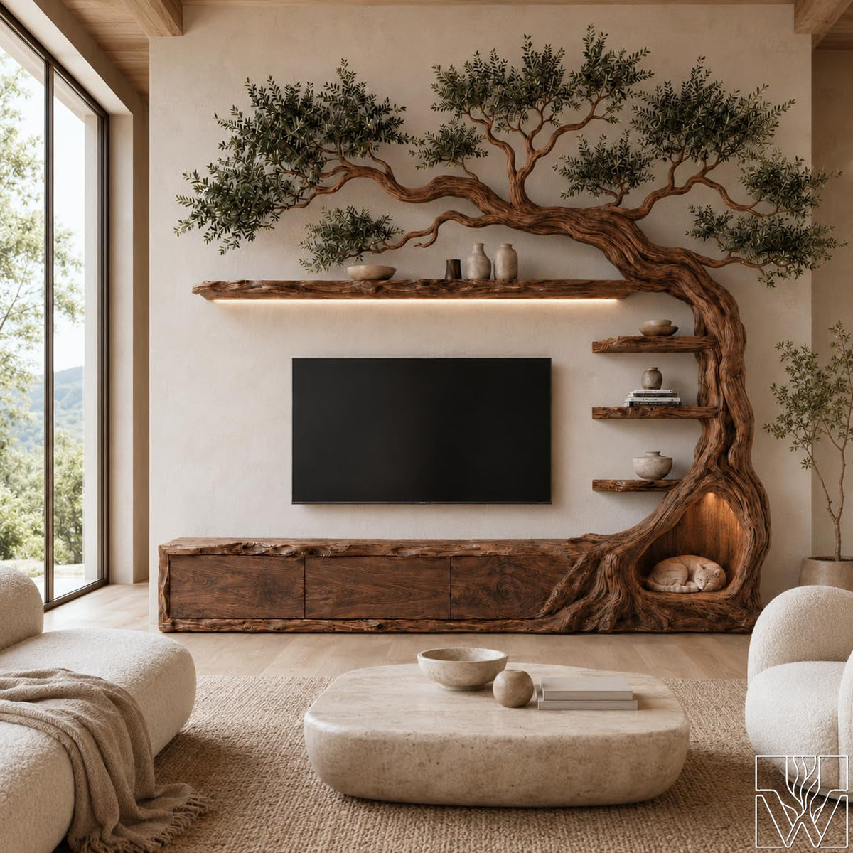 Floating Rustic Solid Wood Tree Branch TV Stand for Living Room