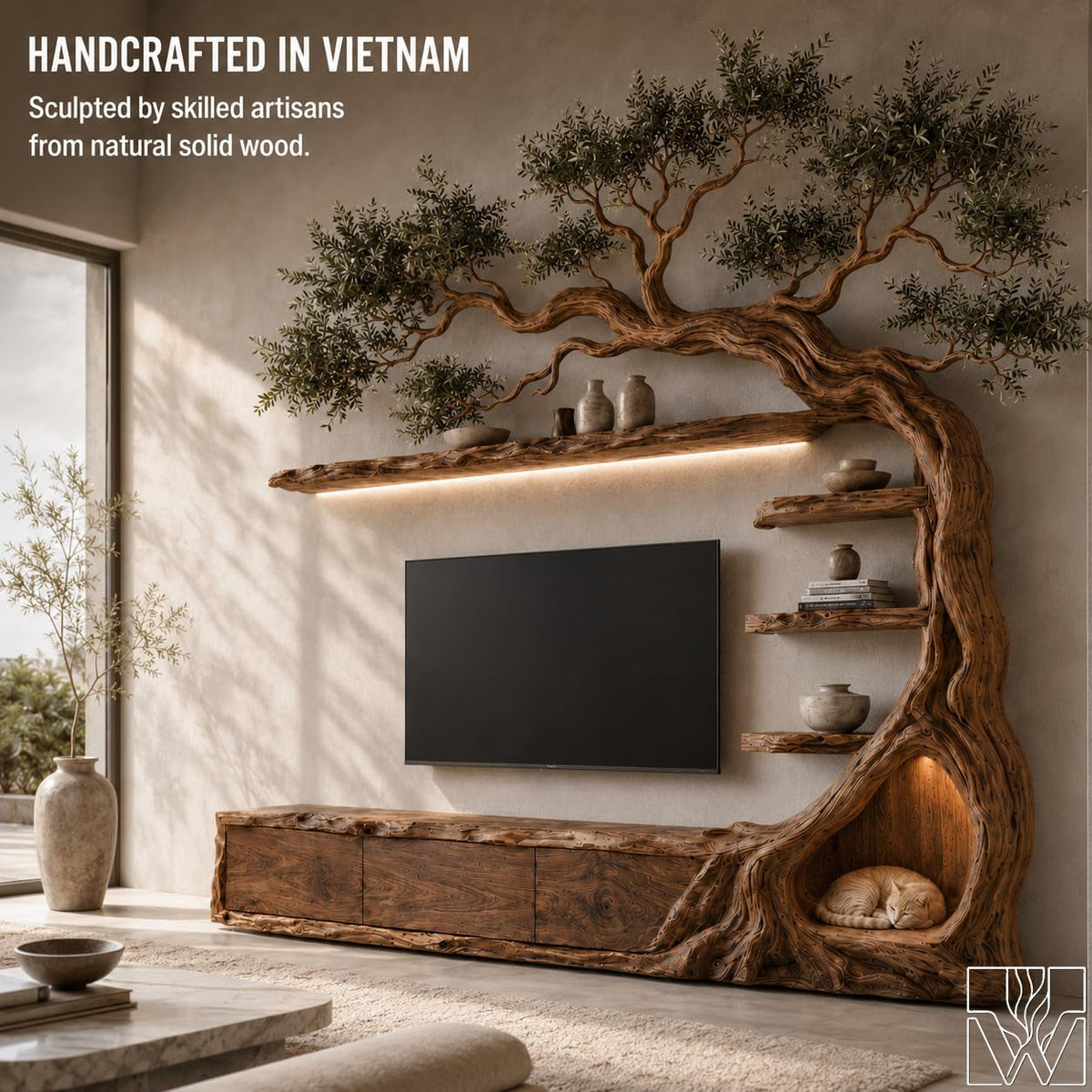 Floating Rustic Solid Wood Tree Branch TV Stand for Living Room