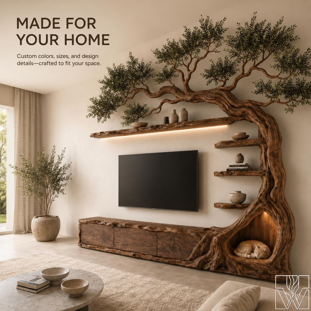 Floating Rustic Solid Wood Tree Branch TV Stand for Living Room