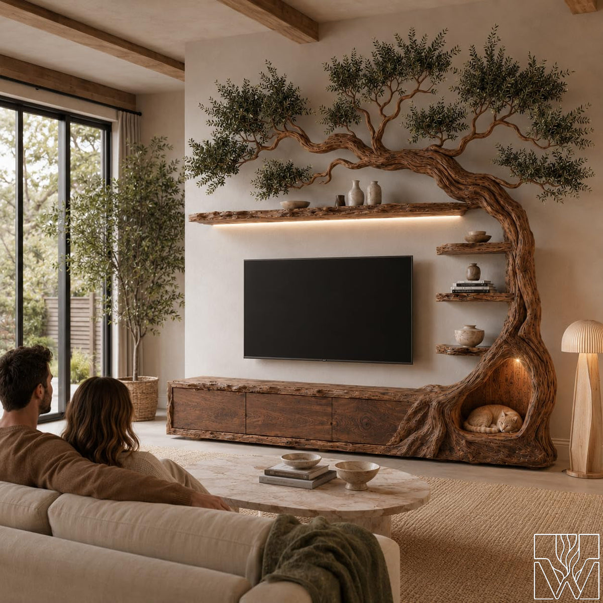 Floating Rustic Solid Wood Tree Branch TV Stand for Living Room