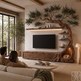 Floating Rustic Solid Wood Tree Branch TV Stand for Living Room