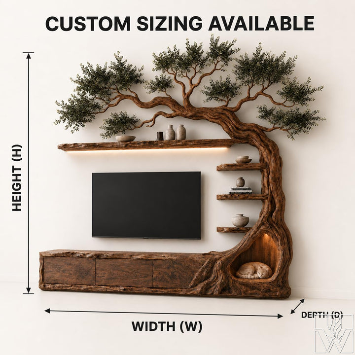 Floating Rustic Solid Wood Tree Branch TV Stand for Living Room