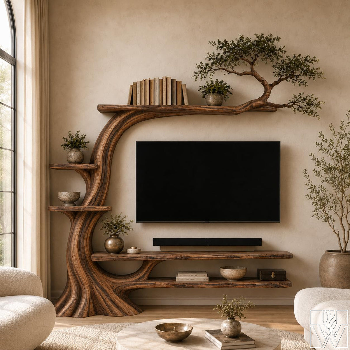 Handcrafted Solid Wood Tree Branch TV Stand for Living Room