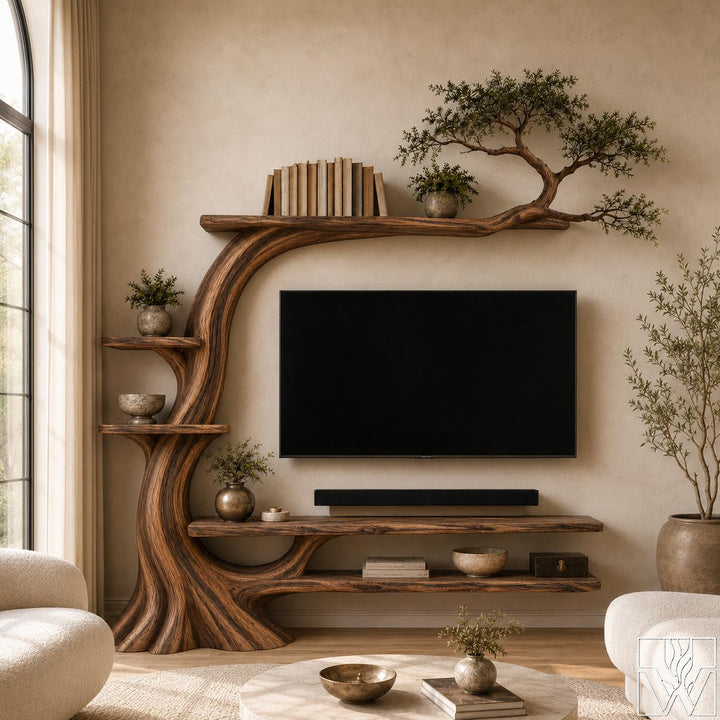 Handcrafted Solid Wood Tree Branch TV Stand for Living Room