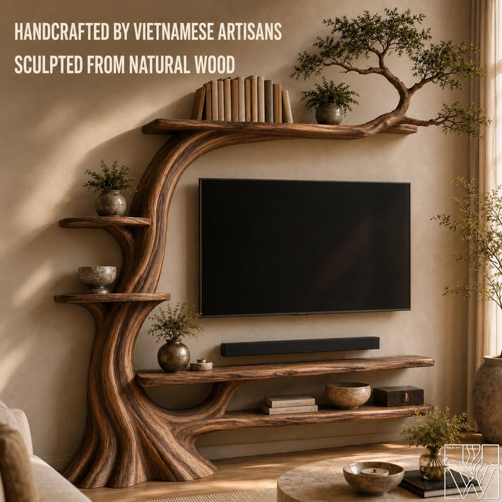 Handcrafted Solid Wood Tree Branch TV Stand for Living Room