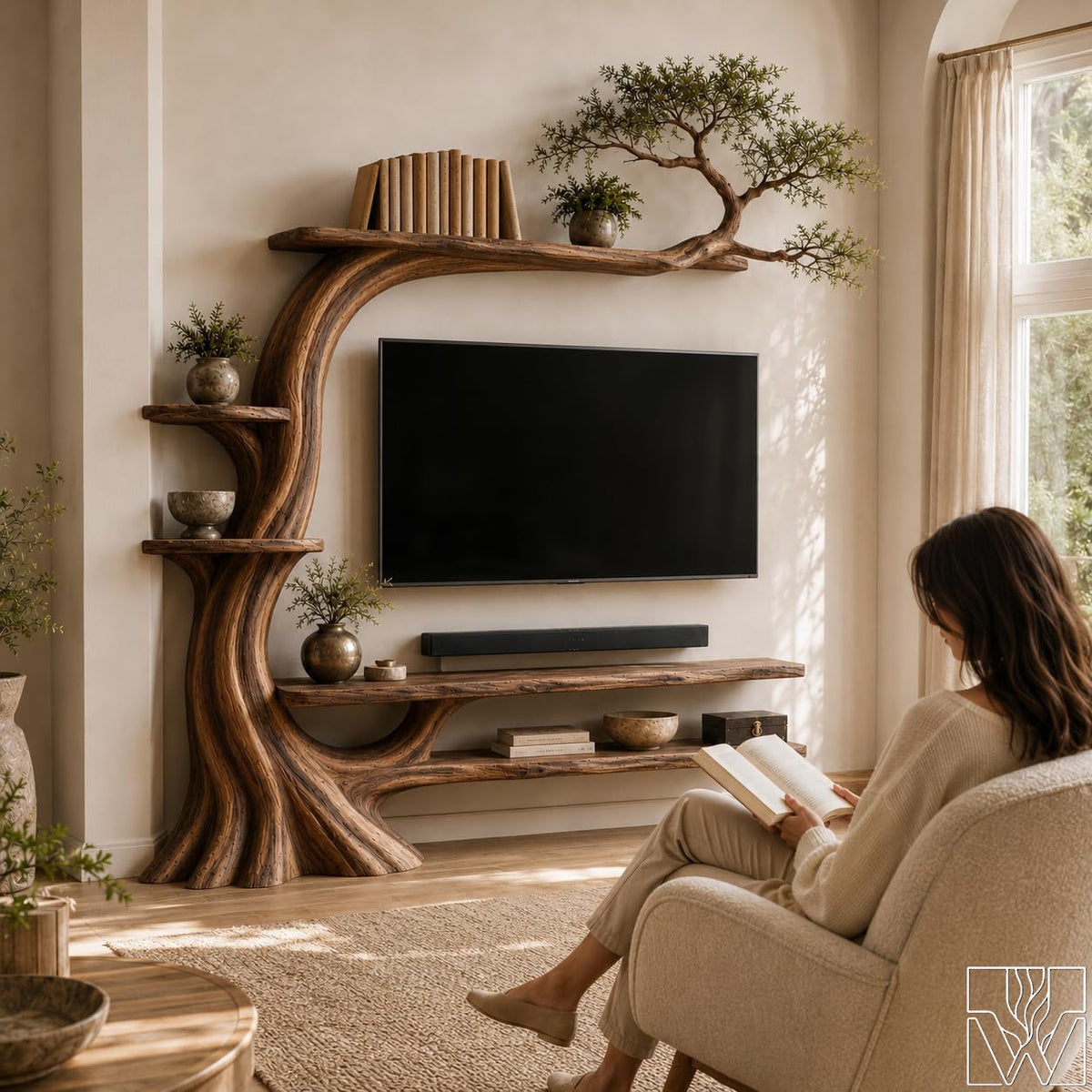 Handcrafted Solid Wood Tree Branch TV Stand for Living Room