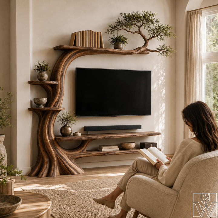 Handcrafted Solid Wood Tree Branch TV Stand for Living Room