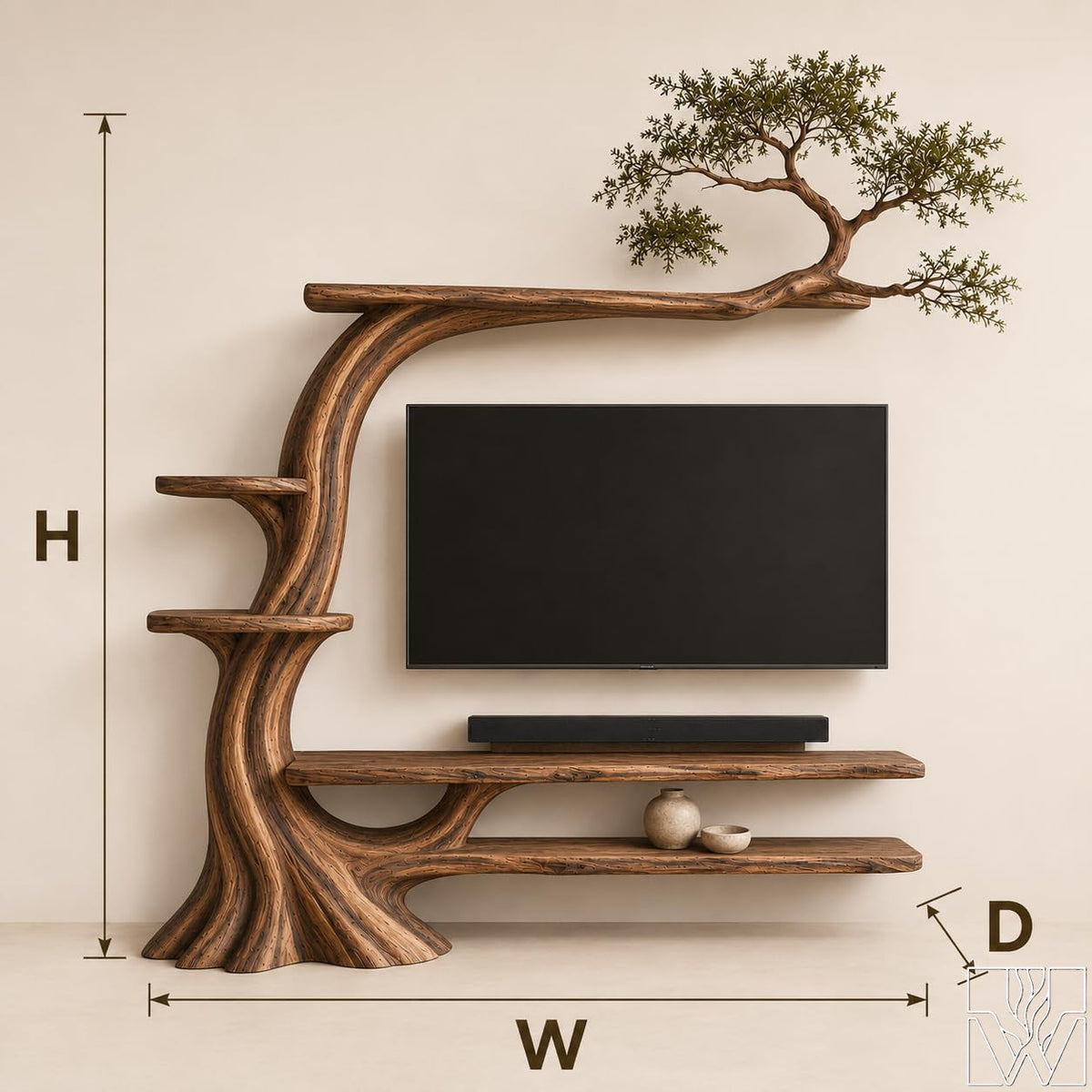 Handcrafted Solid Wood Tree Branch TV Stand for Living Room