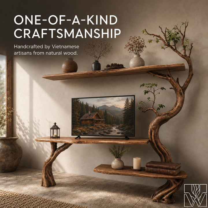 Rustic Handcrafted Solid Wood Tree Branch TV Stand for Living Room