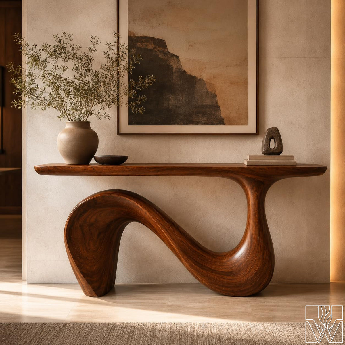 Sculptural Organic Solid Wood Console Table for Entryway