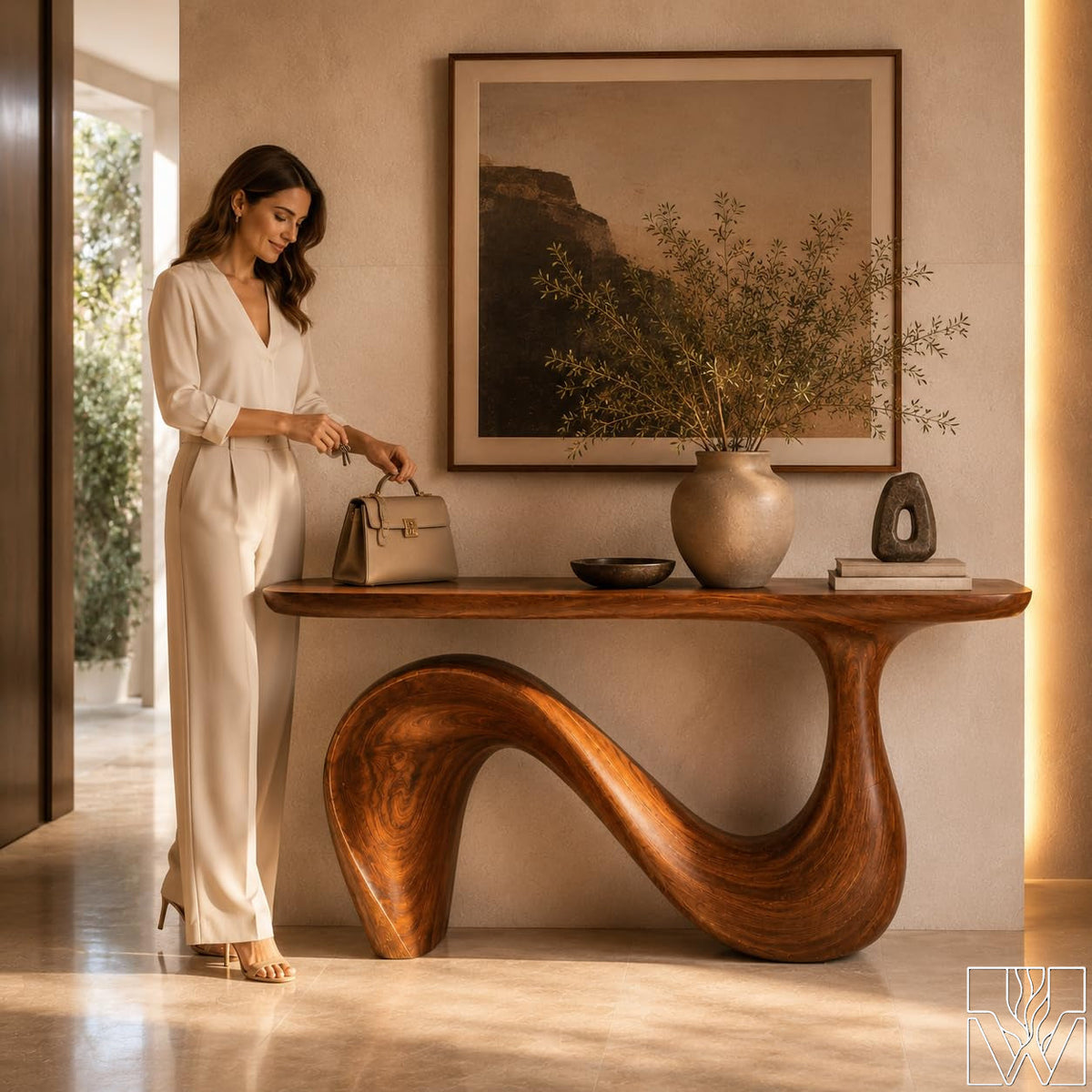 Sculptural Organic Solid Wood Console Table for Entryway