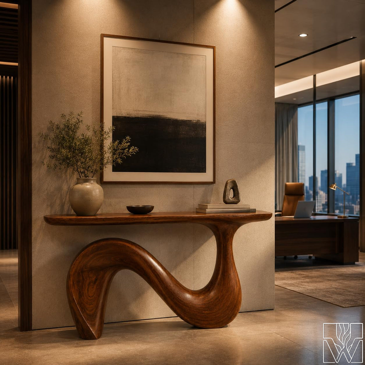 Sculptural Organic Solid Wood Console Table for Entryway