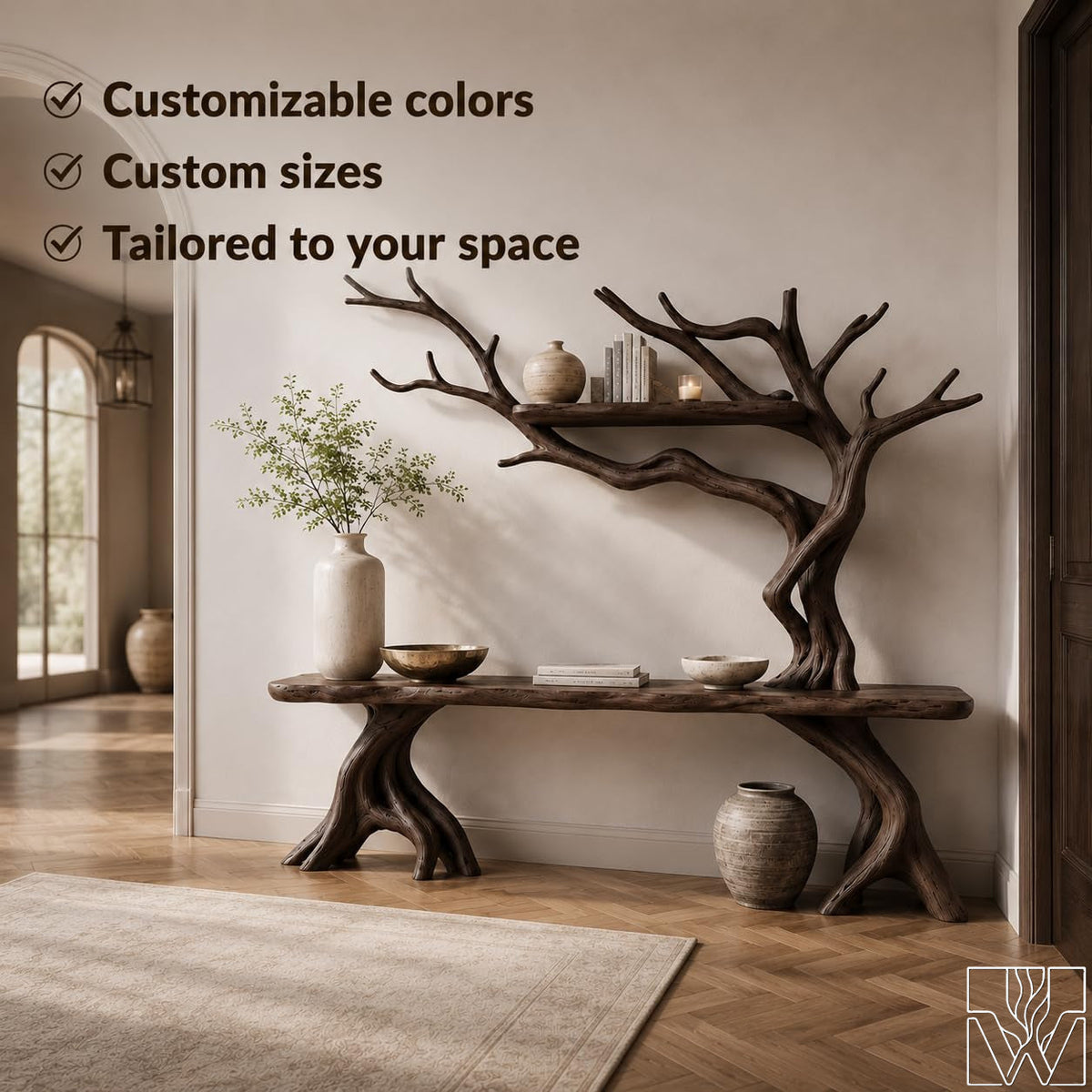 Handcrafted Solid Wood Tree Branch Console Table for Entryway
