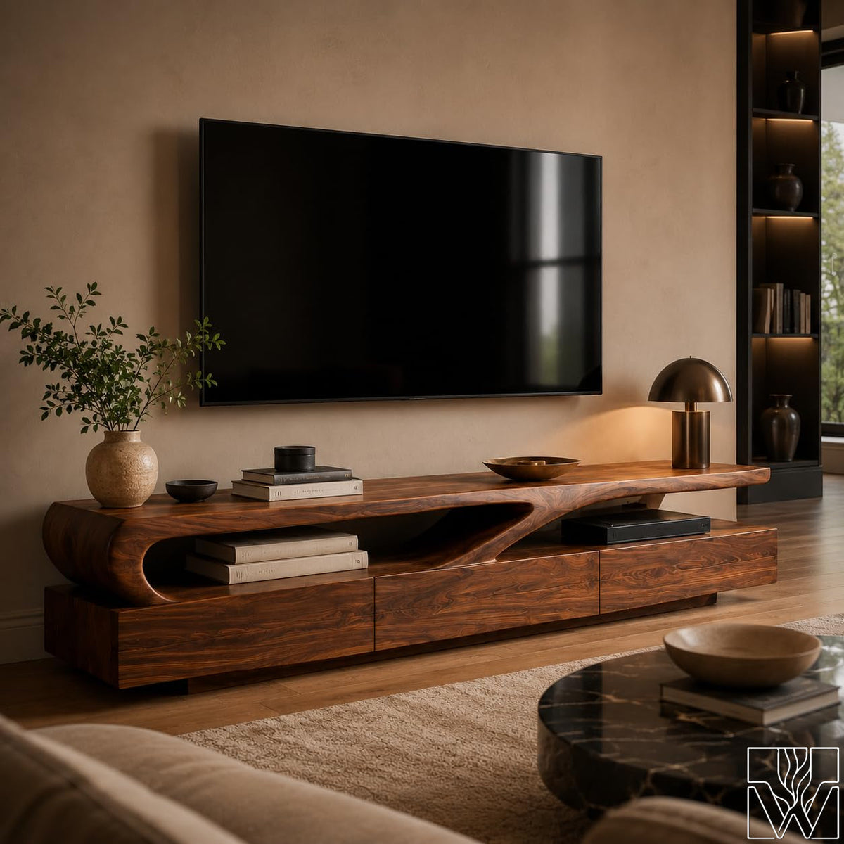 Sculptural Organic Solid Wood TV Stand & Media Console