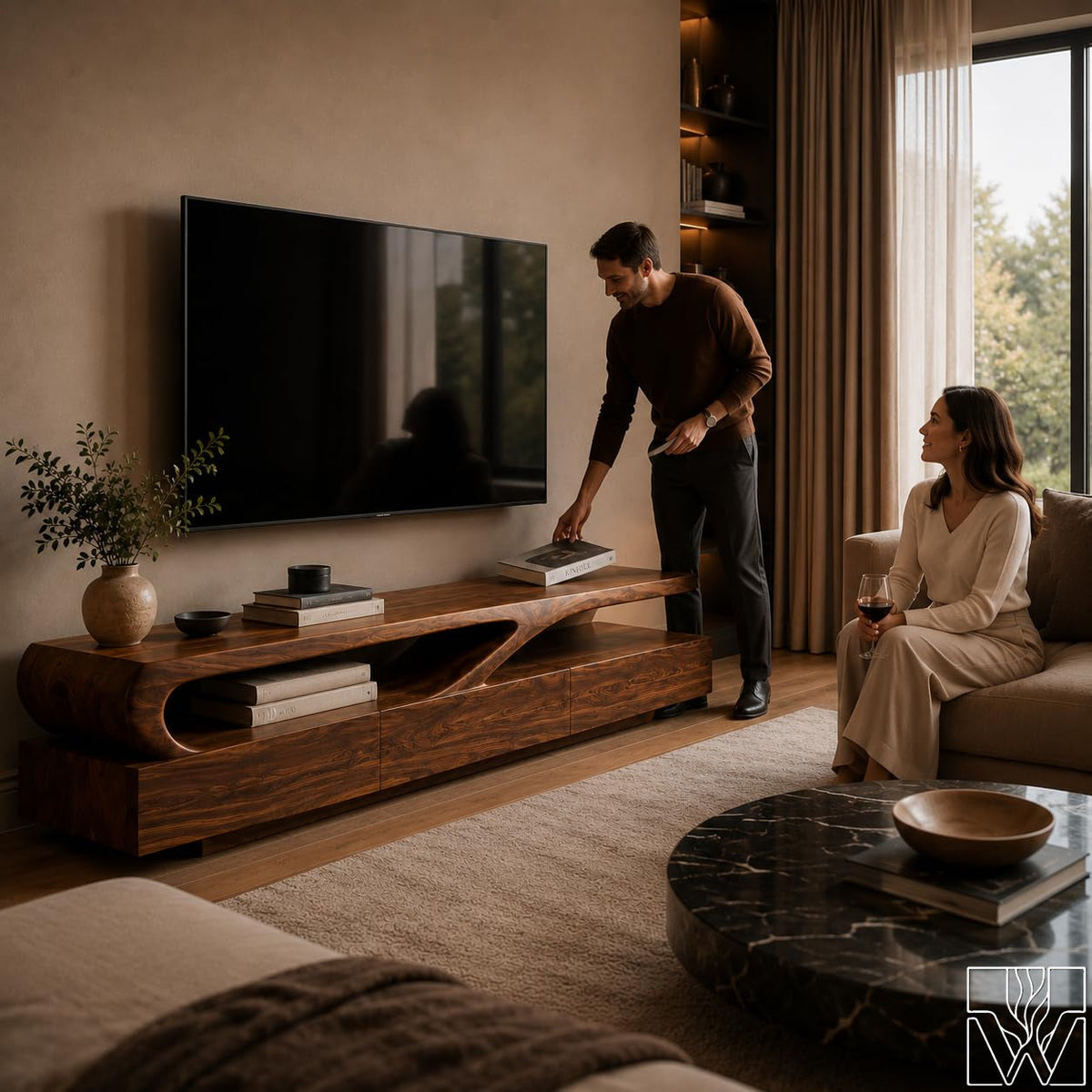 Sculptural Organic Solid Wood TV Stand & Media Console