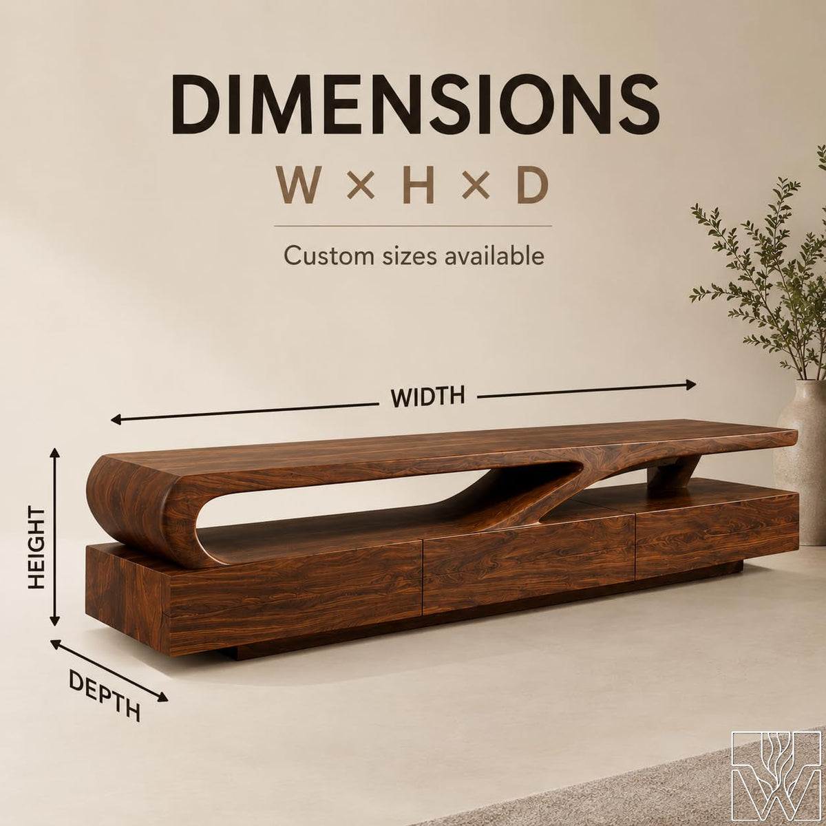 Sculptural Organic Solid Wood TV Stand & Media Console